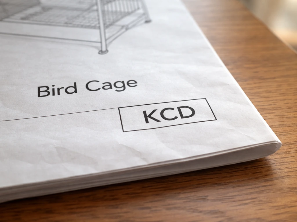 Close-up of a bird cage packaging label showing a model/SKU code with “KCD” clearly visible.