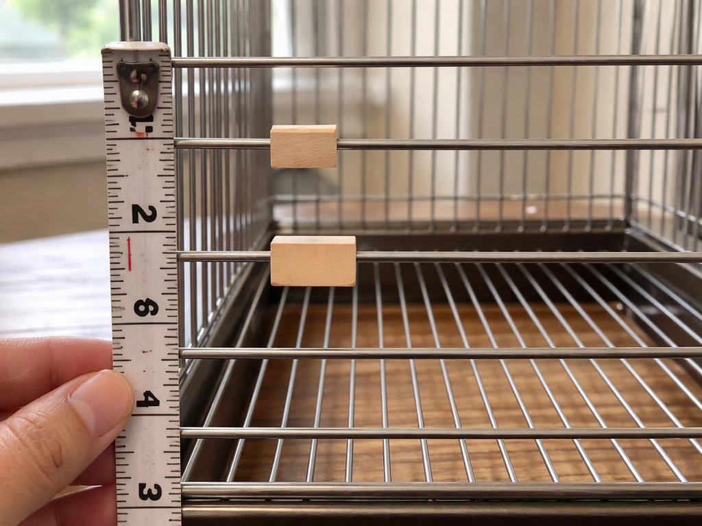 Close-up of bird cage bars on a table with measuring tape and spacer blocks showing narrow vs wide spacing.