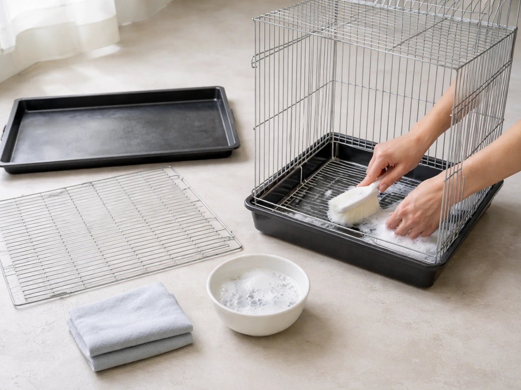 Empty bird cage interior being scrubbed with a brush while tray and grate lie nearby