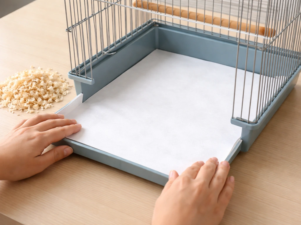 Hand placing an unscented paper liner into a bird cage tray, with cedar shavings kept out of frame.