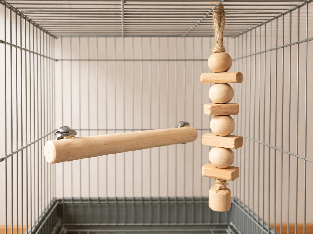 Small bird perch and toy made from untreated wood inside a clean cage setup in natural light.