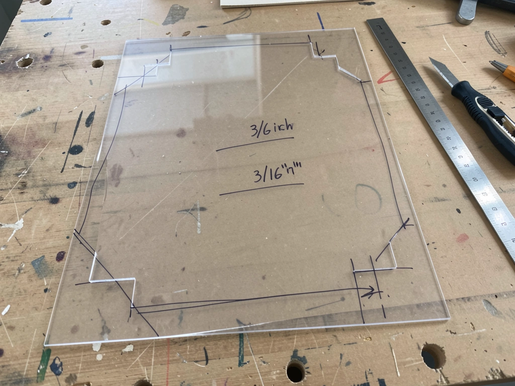 ABS sheet marked for corner notches and lip fold lines