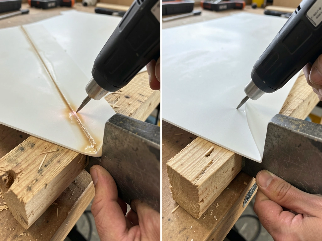 Heat gun bending ABS lip to 90 degrees with scrap wood clamping jig