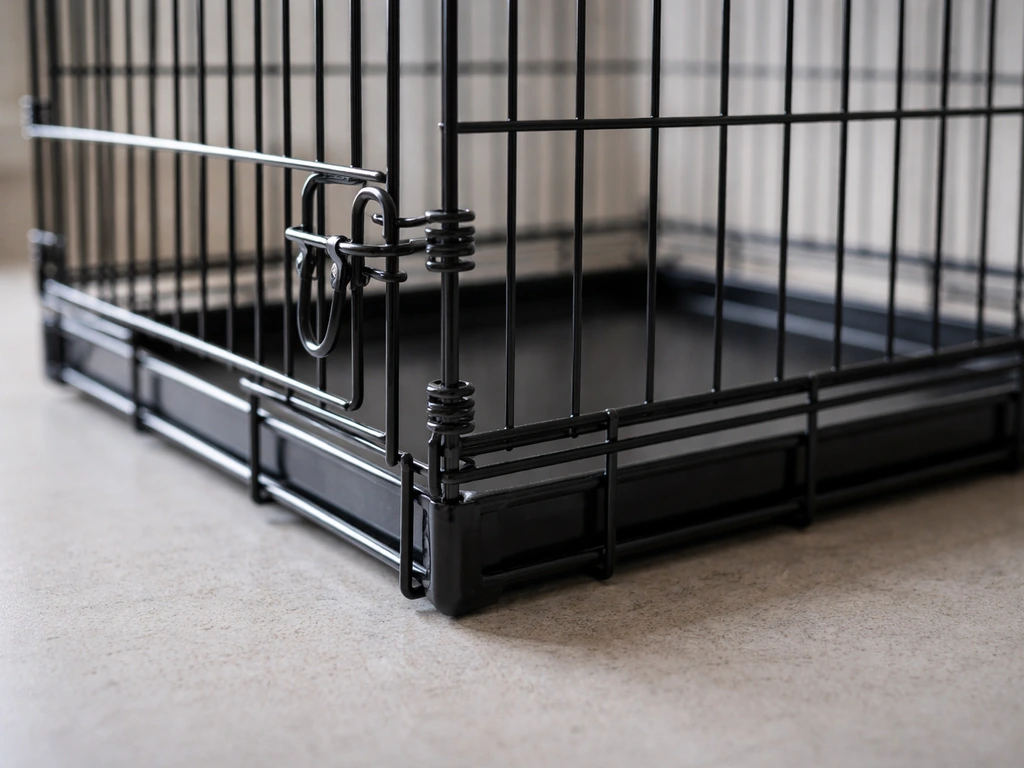 Close-up of a metal pet cage with intact coating, examining bars, tray, and hardware