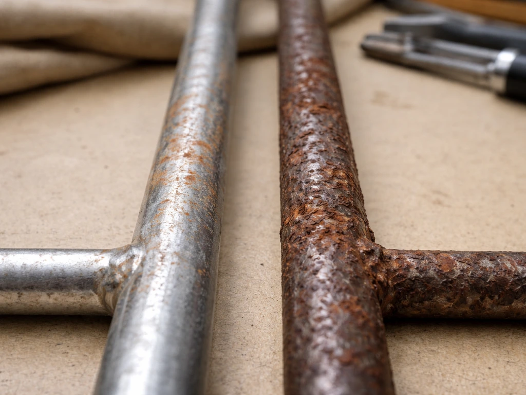 Close-up of cage bars showing superficial orange surface rust next to deep pitting rust.