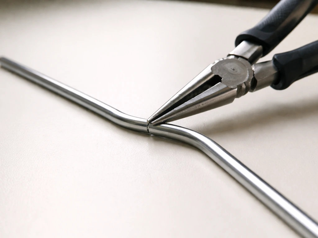 Close-up of needle-nose pliers straightening a bent metal cage bar on a clean work surface