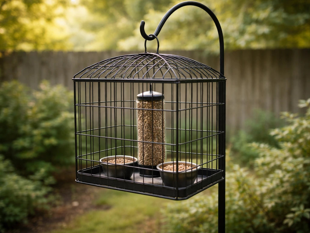 Repurposed metal cage bird feeder station with mesh feeder and seed cups hanging outdoors