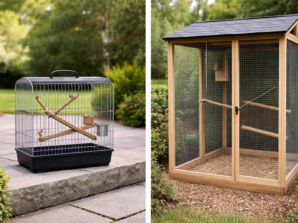 Two outdoor bird cages side-by-side: a small portable cage and a larger fixed aviary enclosure.