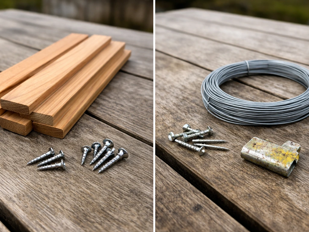Split close-up of untreated cedar and stainless hardware vs galvanized wire and a flaky coated scrap.
