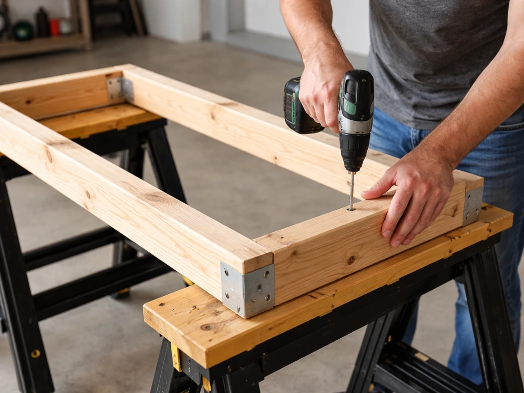 Person assembling a rectangular 2x4 base frame on sawhorses with corner brackets and stainless screws