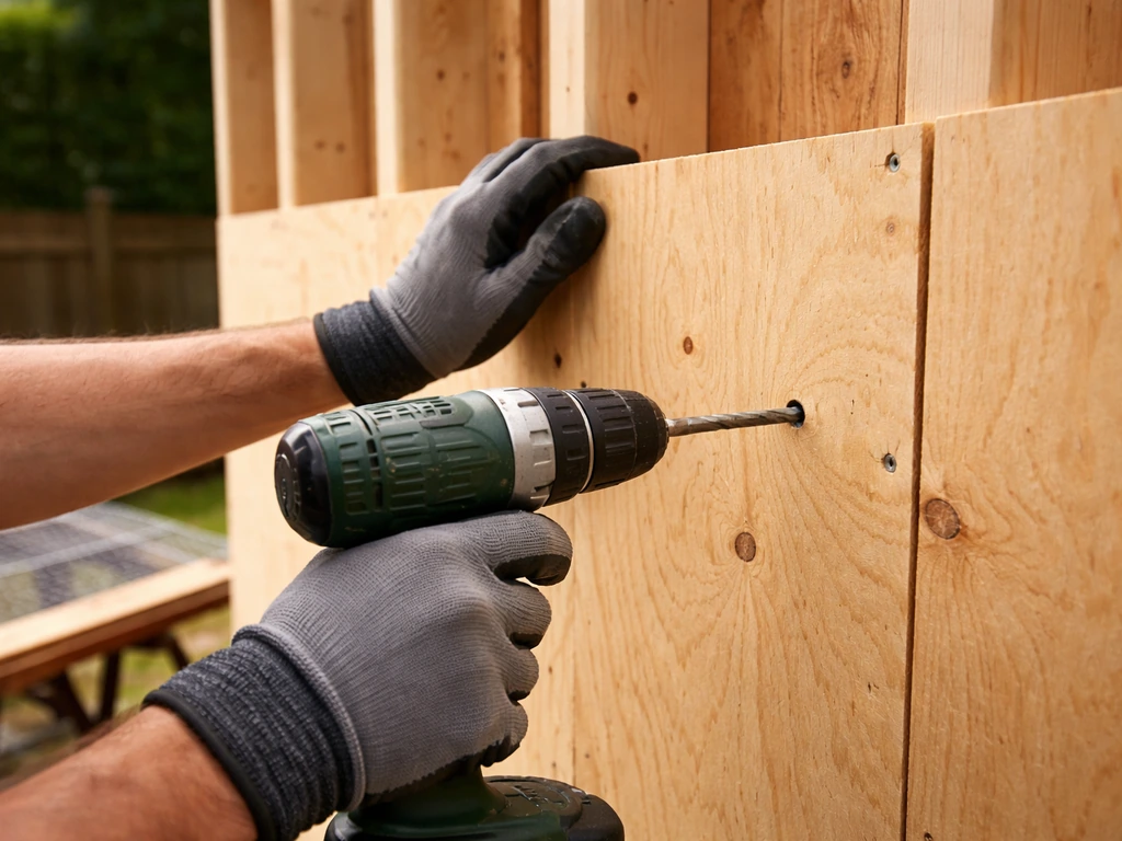 Worker hands screwing exterior plywood wall panel while a cut mesh panel rests nearby.