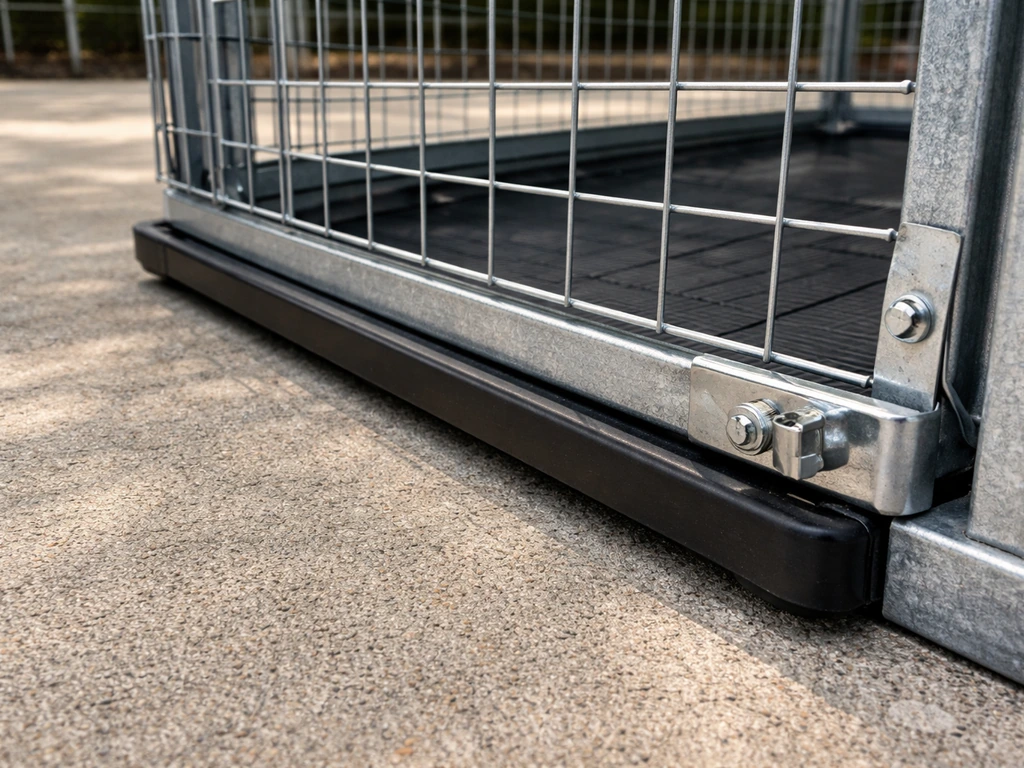 Close-up of an outdoor cage base with a sealed mesh perimeter and integrated catch tray preventing pest access.