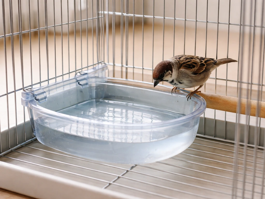 Cage with a small bird bath installed inside and a small bird perched near the water, clean and safe.