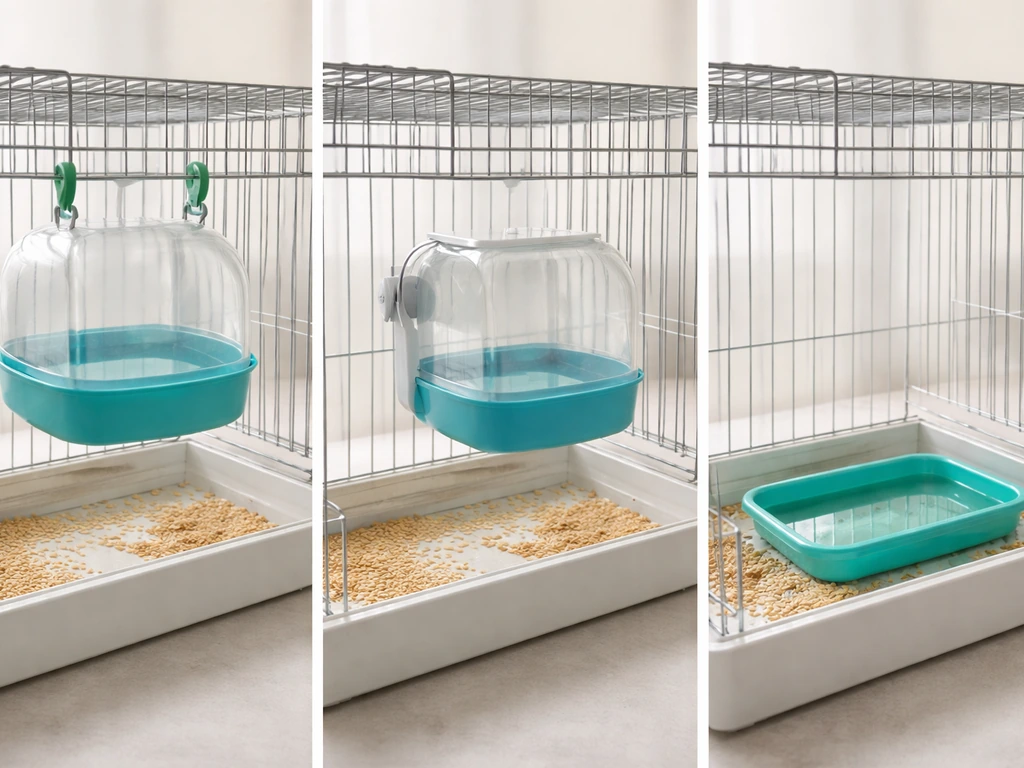 Three inside-the-cage bird bath types side-by-side: clip-on hanging, screw-mount, and floor tray.