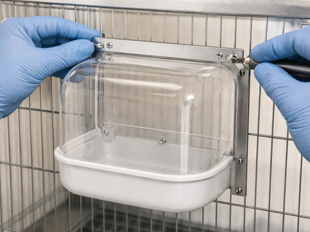 Gloved hands align and tighten a screw-mount enclosure bath bracket on a cage door frame opening.