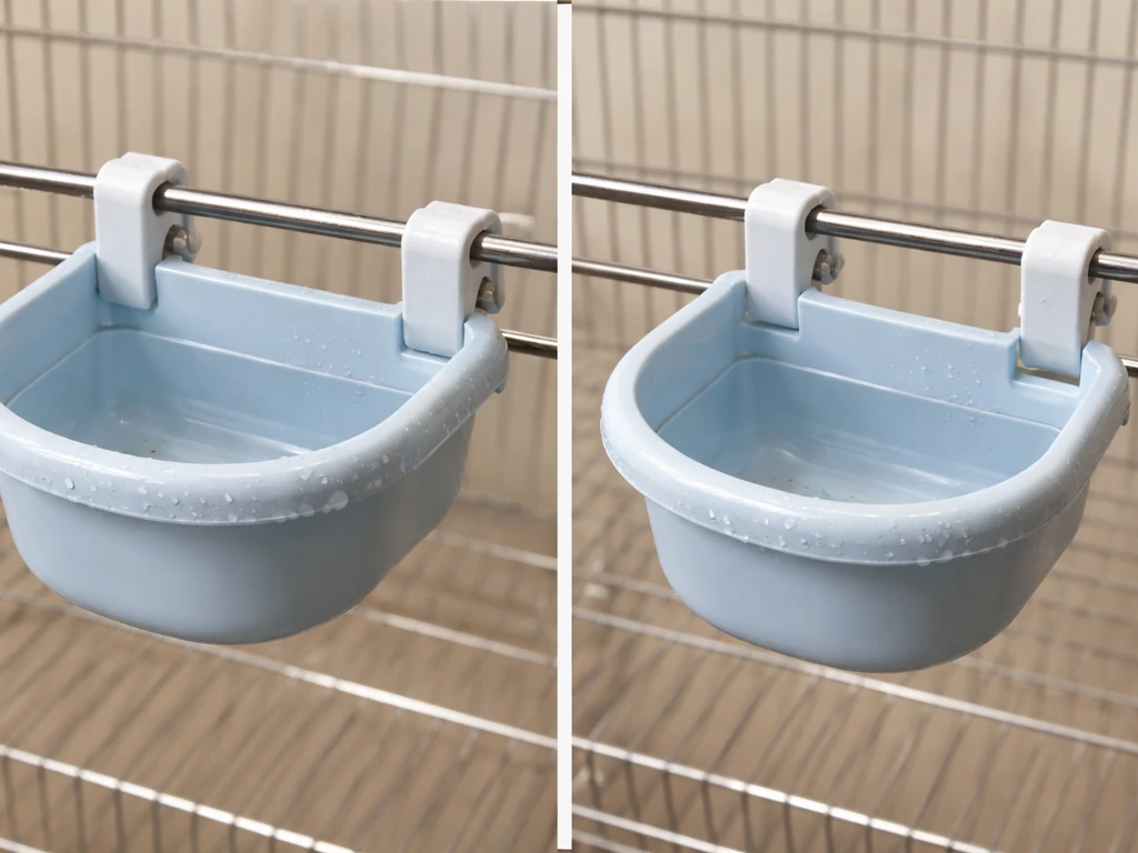 Close-up of a clip-on bird bath on cage bars showing snug correctly sized clips versus a loose slipping fit.