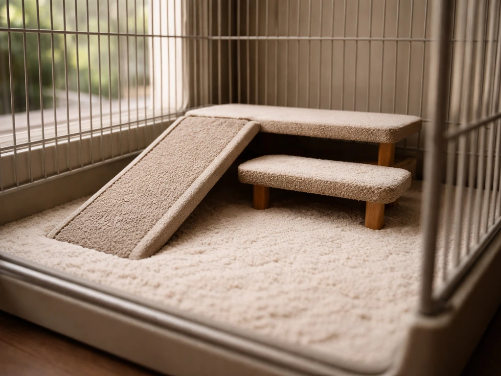 Inside view of a low-access bird cage with stable ramps, low platforms, and soft non-slip flooring.