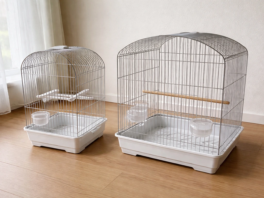 Two empty pet bird cages side by side showing different bar spacing and a larger floor area