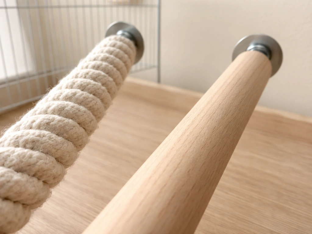 Close-up of two bird perches side-by-side: textured rope-like perch vs smooth wooden dowel for weak feet.