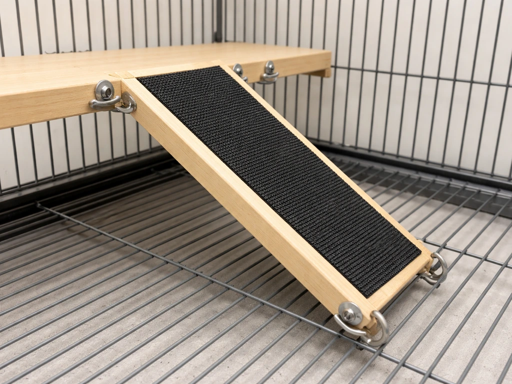 Secure, textured non-slip ramp in a bird cage bridging floor to a low platform.