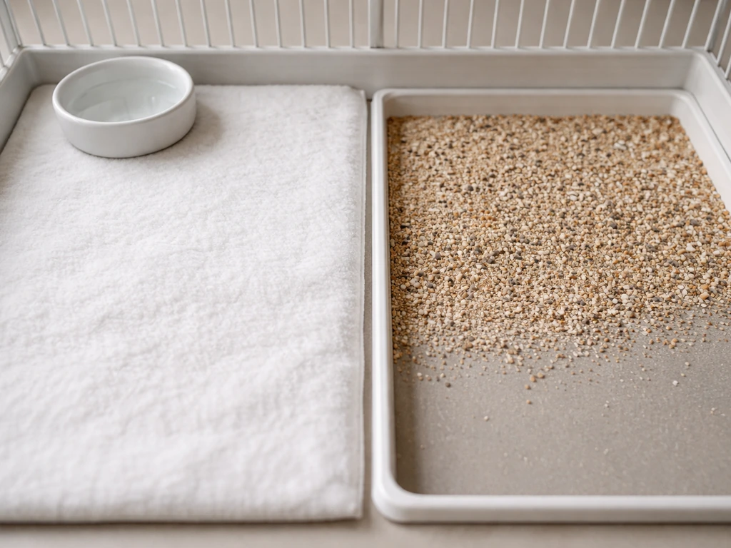 Side-by-side bird flooring materials showing soft absorbent vs rough or slippery textures, no bird visible