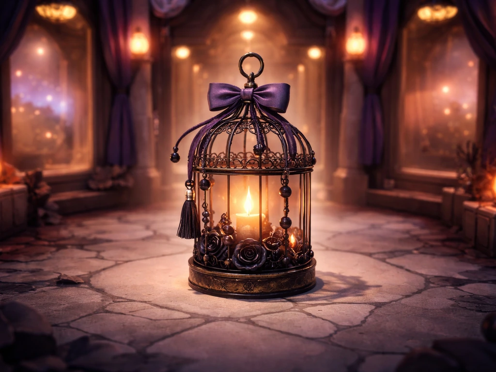 Roblox DTI dressing room with a glowing decorated birdcage accessory preview on an outfit booth.