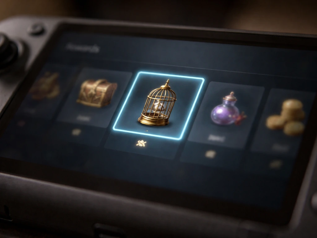 Close-up of a bird cage item card in an achievement rewards inventory screen on a game console