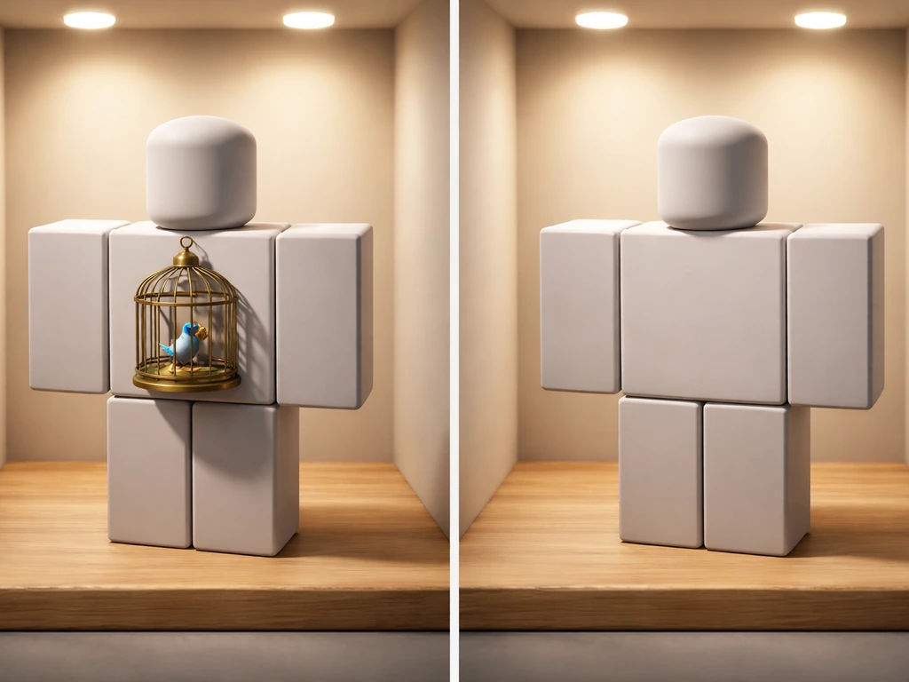 Game booth preview with a character wearing a bird cage item, next to an empty preview state.