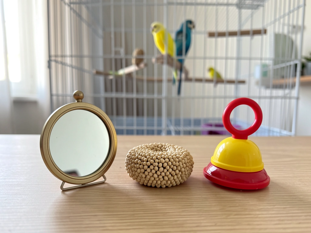 Rotating budgie toys: mirror, foraging millet toy, and bell rattle arranged near the cage