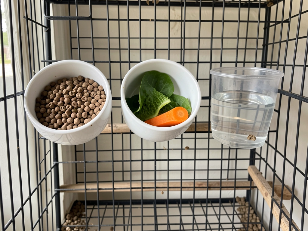 Separate wall-mounted feeder dishes above the perch line with dry food and fresh food