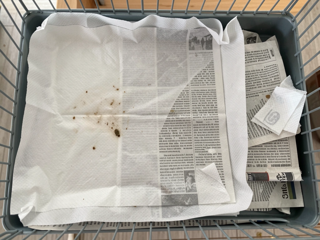 Fresh paper liner in the bottom of a budgie cage being replaced for daily cleaning