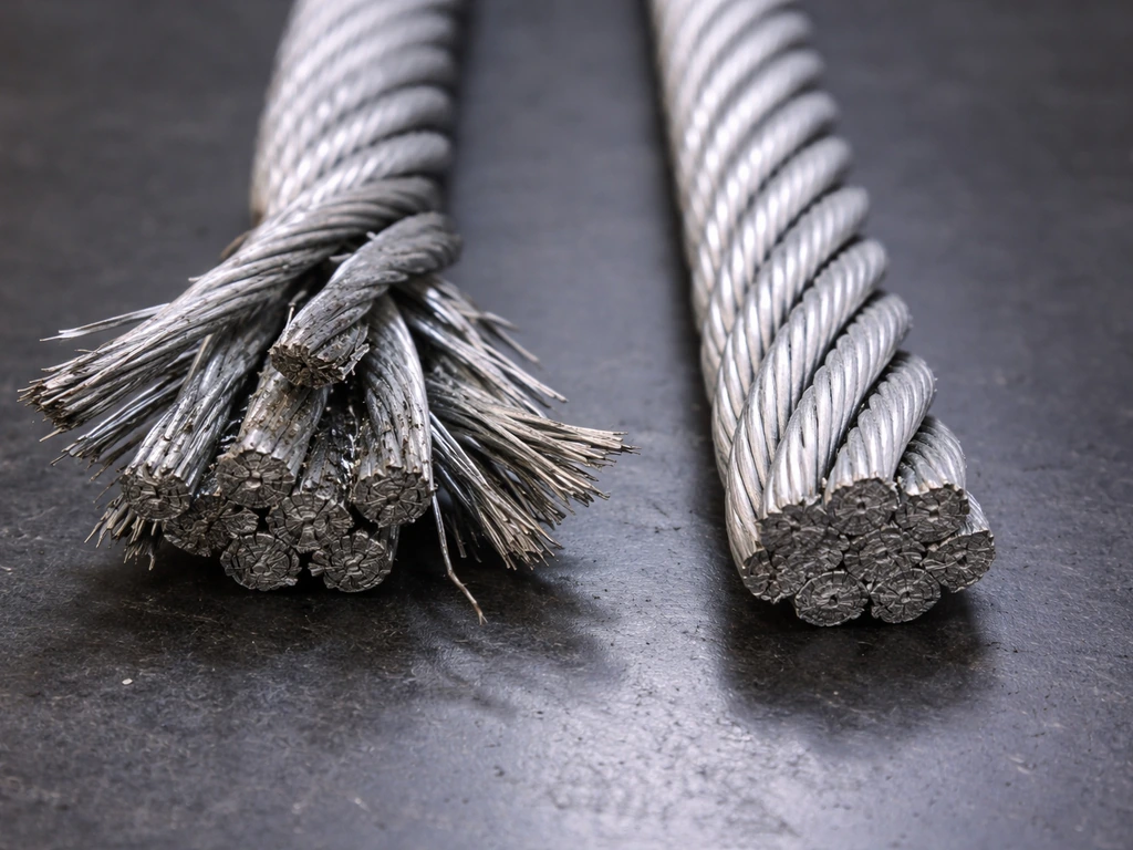 Macro view of damaged wire rope with bird-caging compared to a neat healthy rope segment.