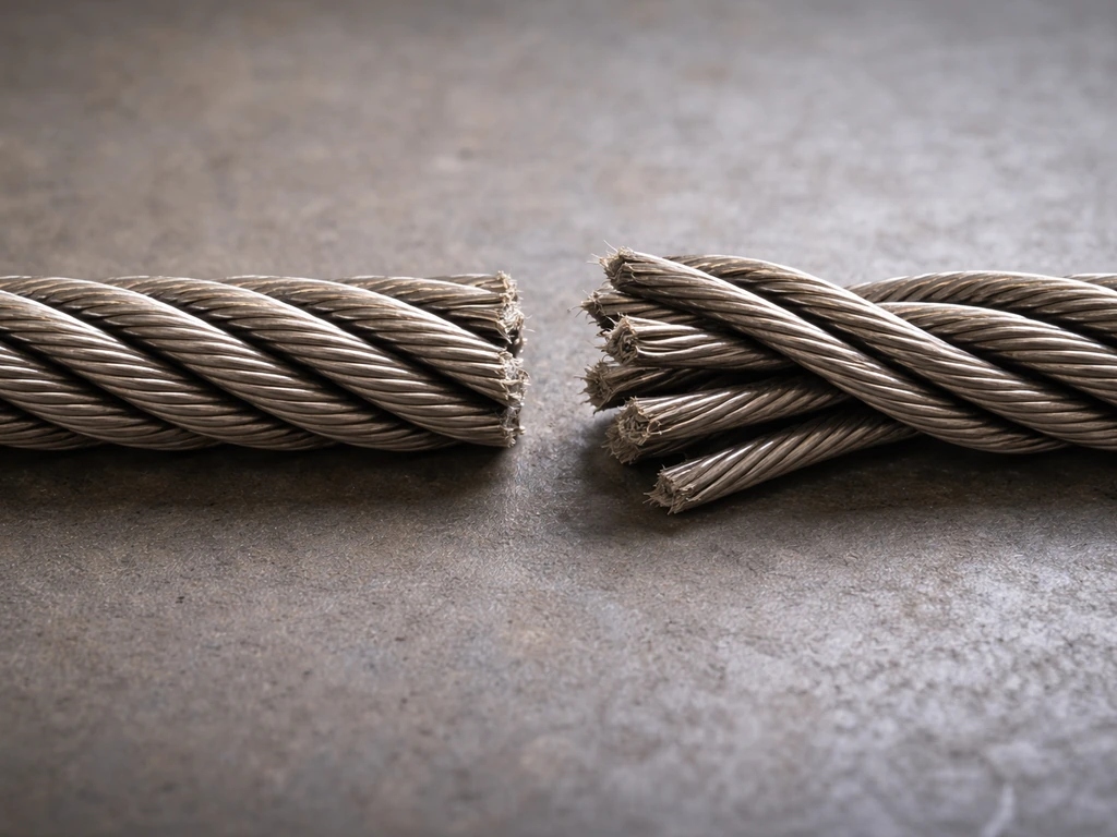 Macro close-up showing intact wire rope beside bird-caged rope with strands splayed apart.