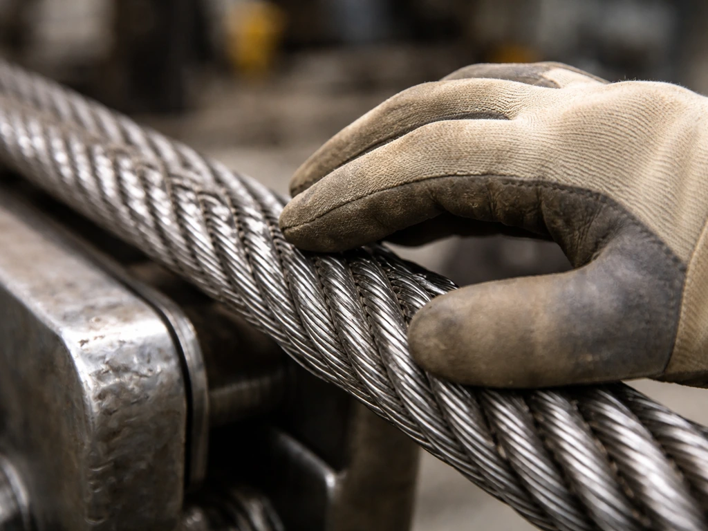 Gloved hand inspecting a wire rope run-in-place for early bird-caging with slight surface irregularities