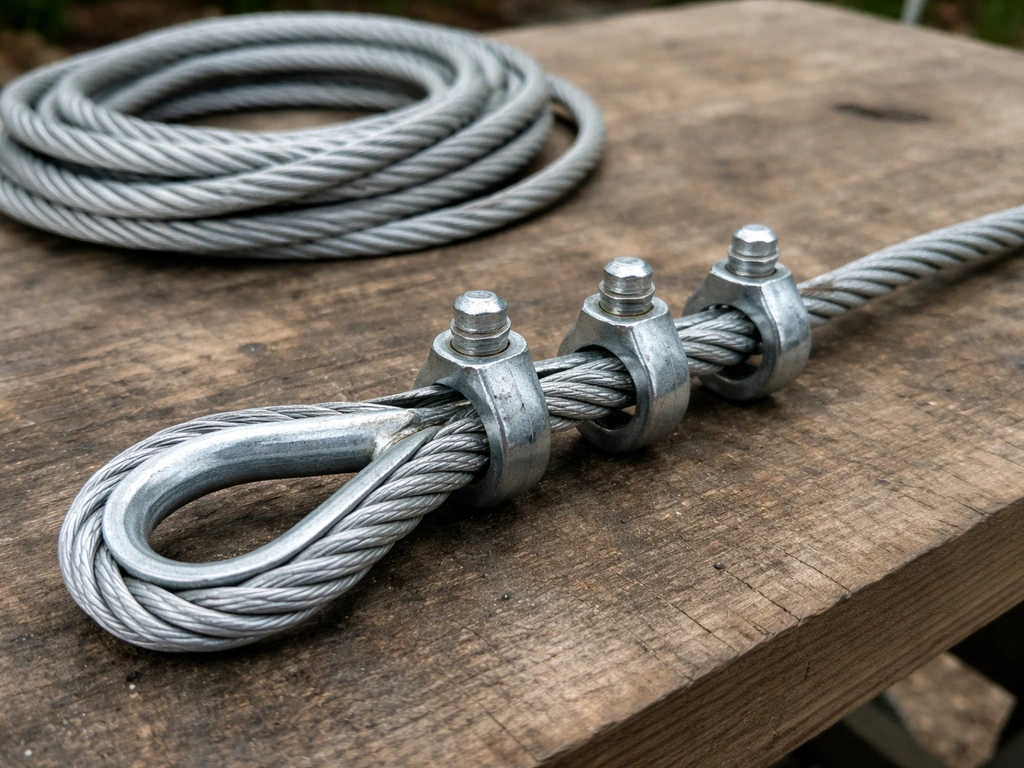 Close-up of three correctly placed wire rope clips securing a loop termination on a workbench.