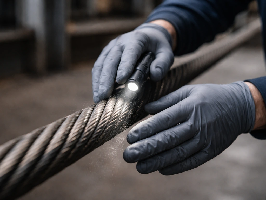 Gloved hand and flashlight inspecting a steel wire rope along its length in an industrial setting