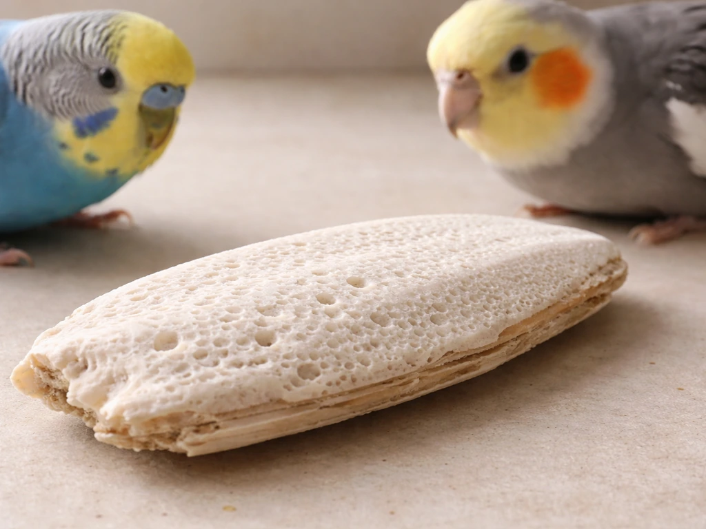 Porous cuttlebone on a neutral surface with a budgie and cockatiel nearby in natural light