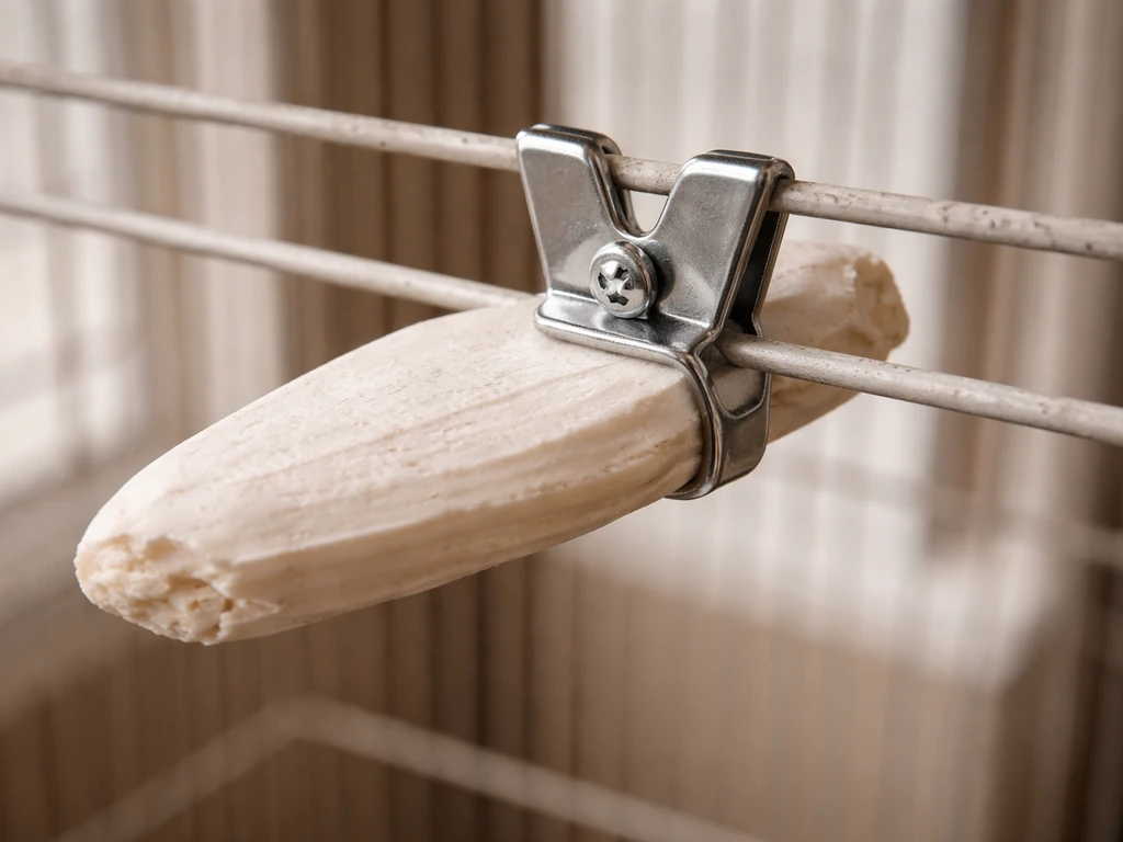 Metal cage clip clamped to a cage bar holding a cuttlebone at the right angle.