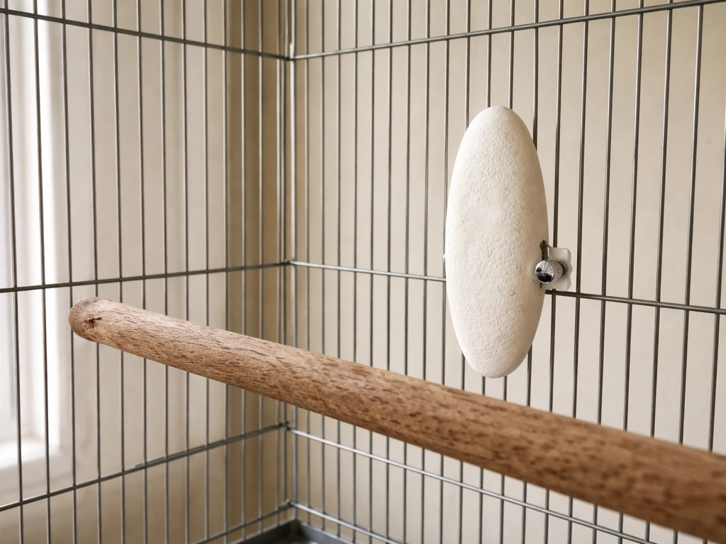 Cuttlebone mounted inside a bird cage at mid-cage height aligned with the main perch.