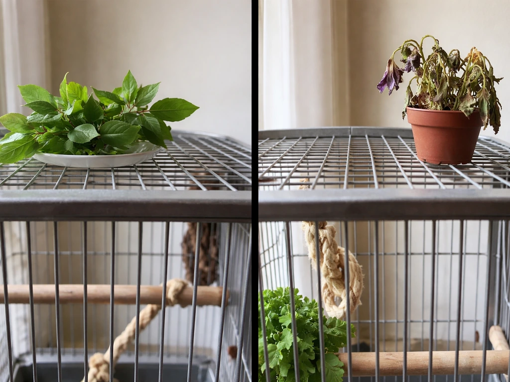 Close-up of bird cage stand with safe leafy branches placed outside reach, and a wilted toxic plant removed