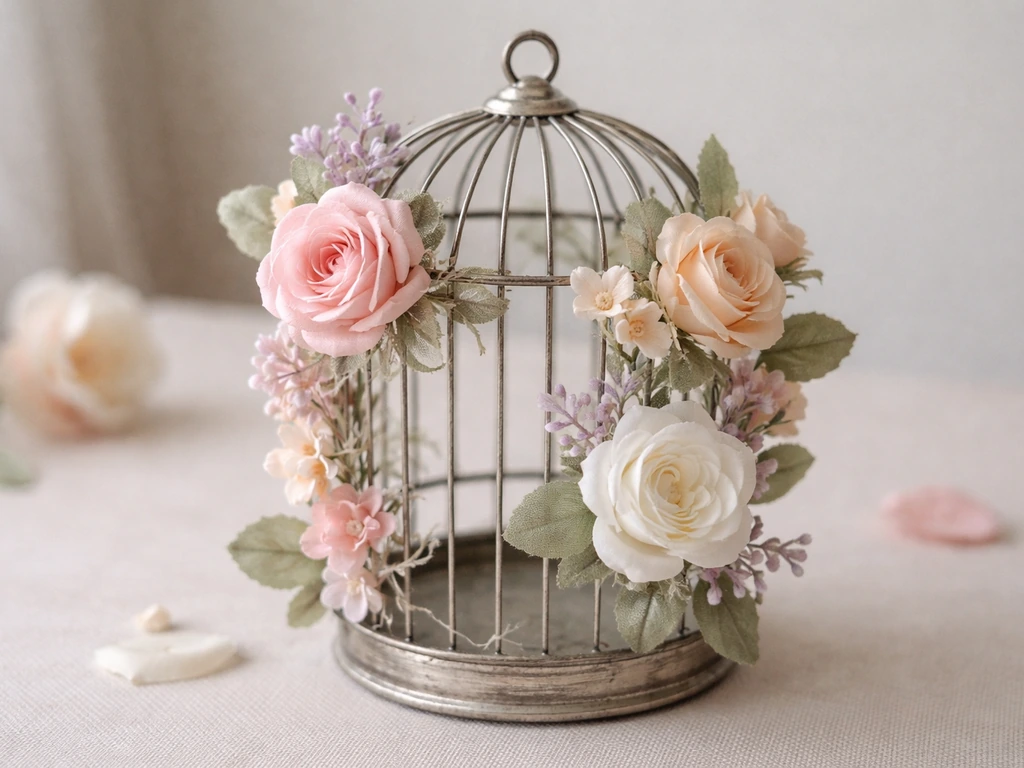 Close-up of silk artificial flowers neatly stitched around a wire birdcage, tidy and secure.