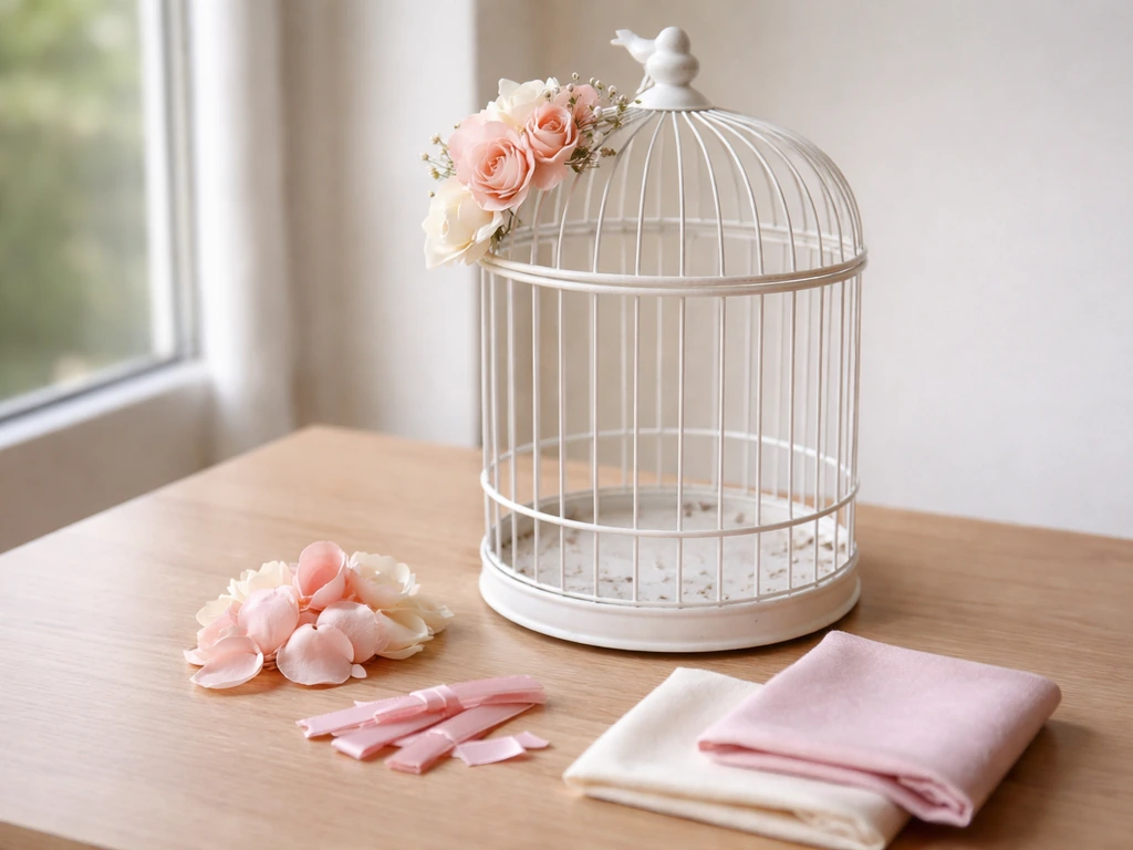 Materials for decorating a small bird cage arranged beside an empty cage on a stand