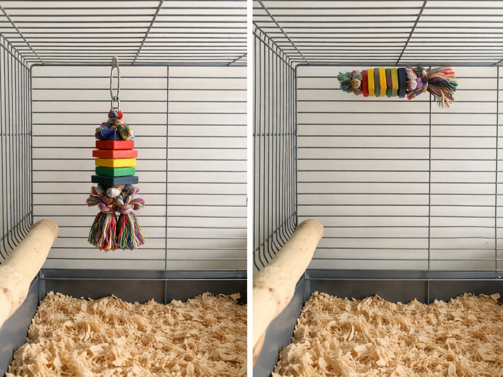 Bird cage décor repositioned higher and secured so it’s out of reach, showing before vs after.