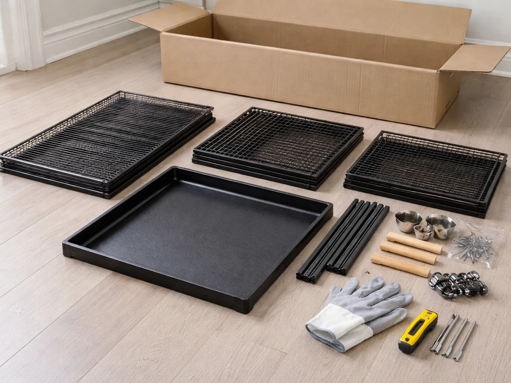 Bird cage kit parts laid out on the floor with tools for an inventory and safety check.