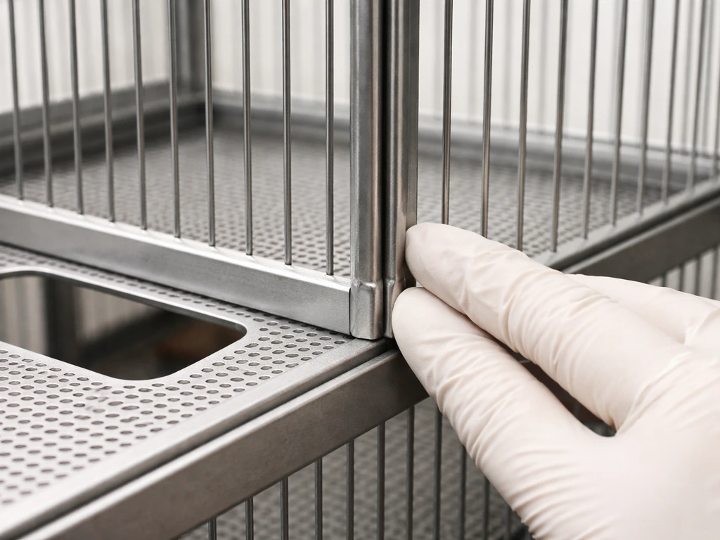 Gloved hand inspecting metal bird cage bar spacing and bar ends at a seam near a shelf cutout.