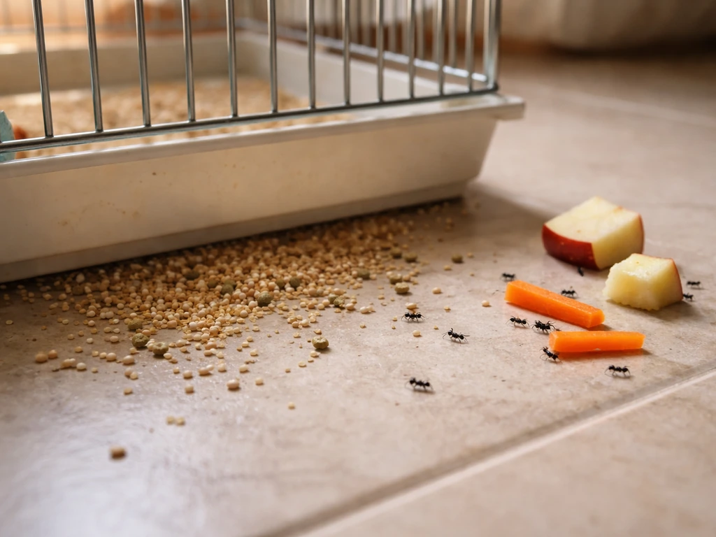 Close photo of a bird cage tray with spilled millet seeds and nearby fruit scraps attracting ants