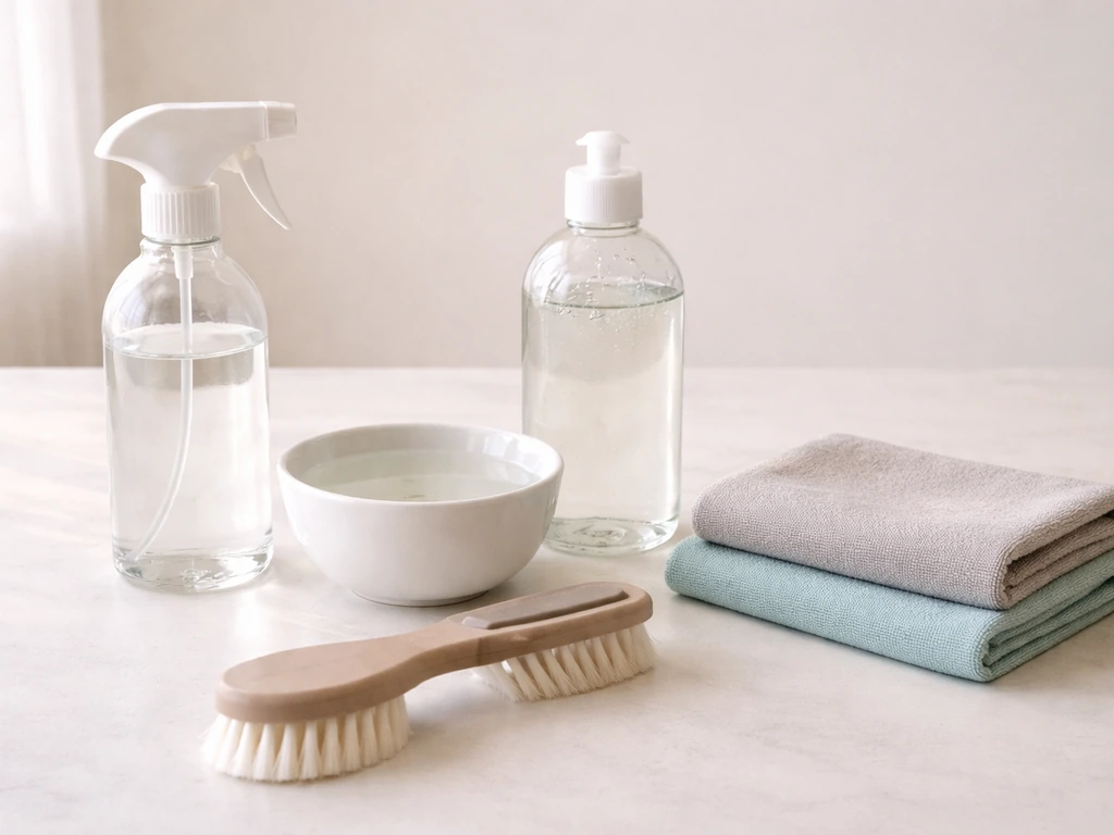 Warm water, diluted vinegar spray, dish soap, scrub brush, and microfiber cloths laid out for bird-safe cage cleaning.