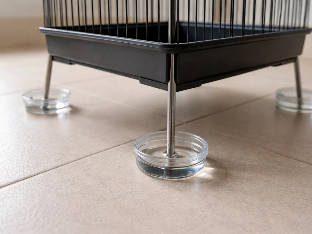 Birdcage stand legs with small water-filled moat dishes blocking ant entry