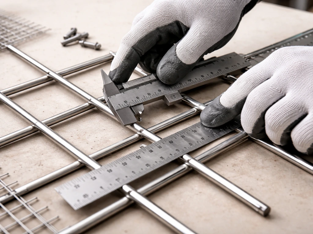 Gloved hands use calipers to measure a bird cage bar grid gaps on a workbench.