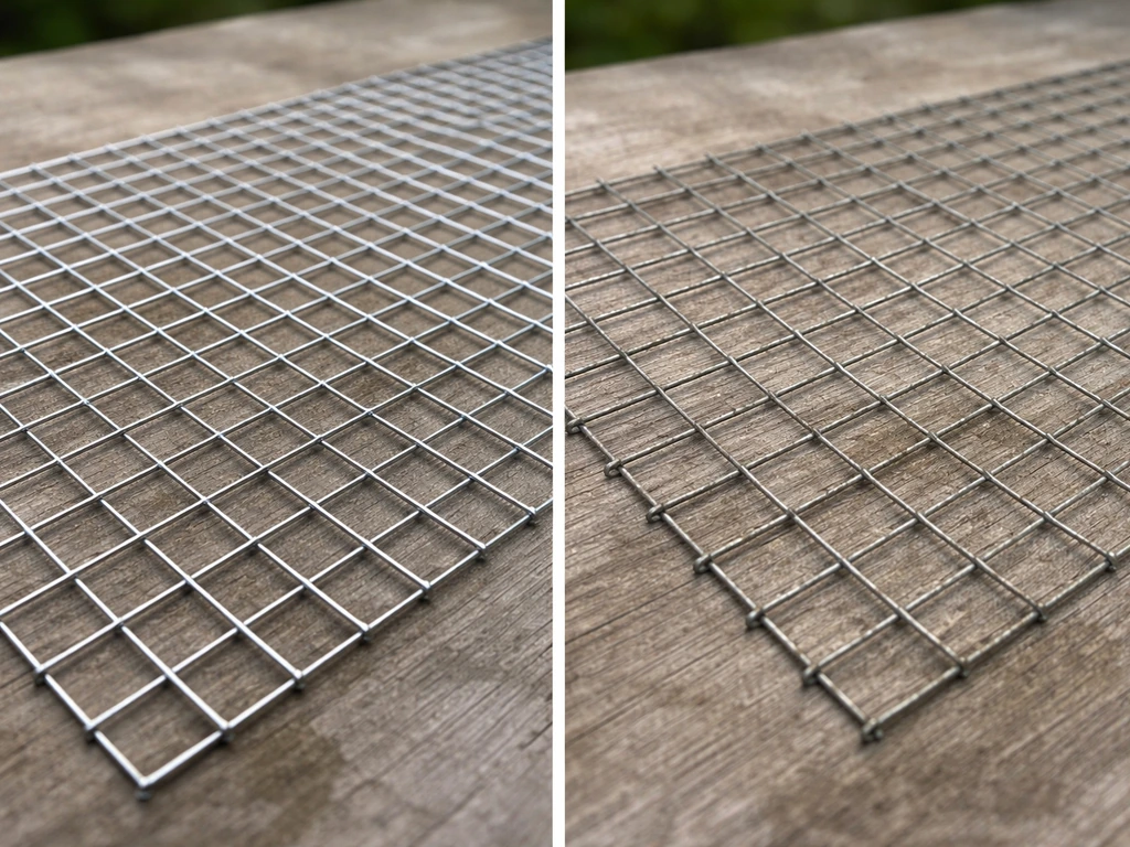 Split view of bird-safe stainless steel mesh beside rust-prone galvanized wire mesh, outdoors.